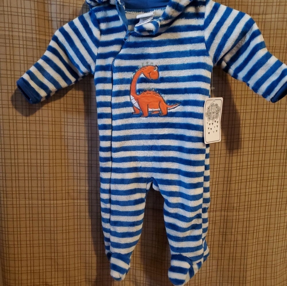 Little Joy 3-6 M Fleece Body Suit Blue & White Striped Dinosaur Kids One Piece